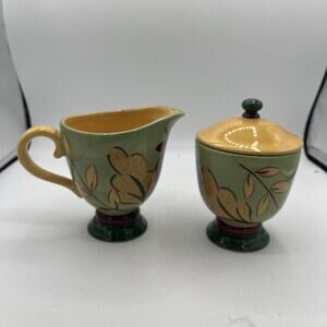 Corelle Coordinates Green Textured Leaves Pedestal Sugar Bowl Creamer Autumn